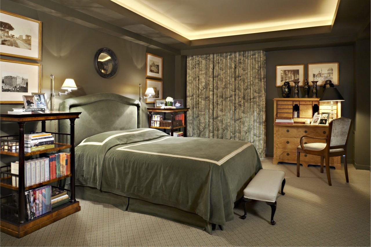 The bedroom design was driven by the owners bed frame, bedroom, ceiling, furniture, home, interior design, room, brown