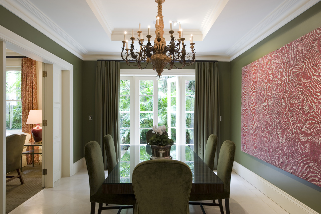 View of home by interior designer Cameron Kimber. ceiling, curtain, dining room, home, interior design, living room, real estate, room, table, wall, window, window covering, window treatment, gray, brown