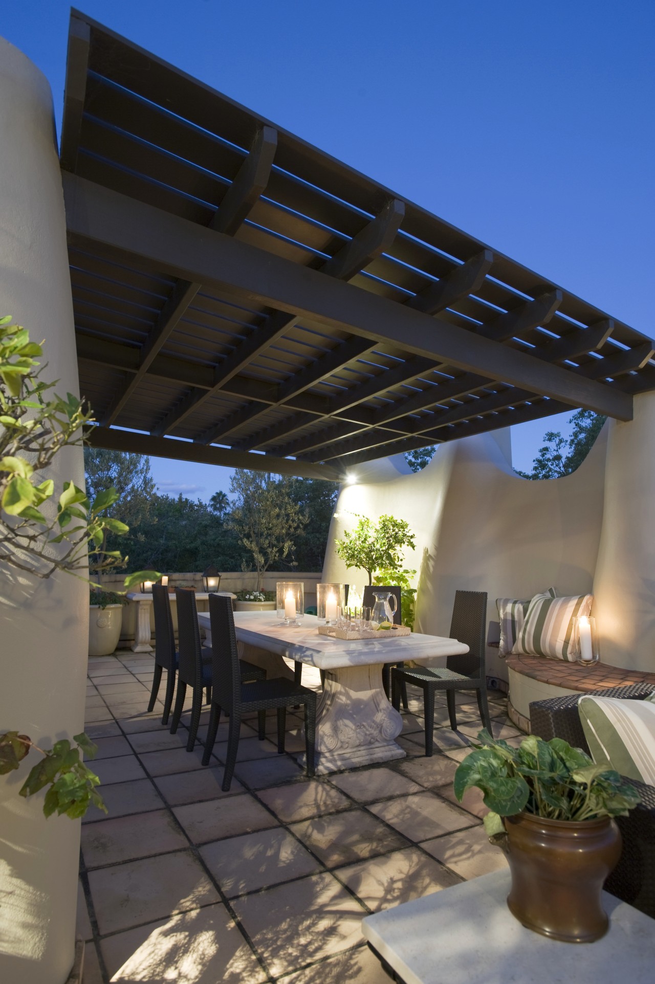 Working with an existing adobe look, designer Cameron outdoor structure, patio, pergola, real estate, roof, black