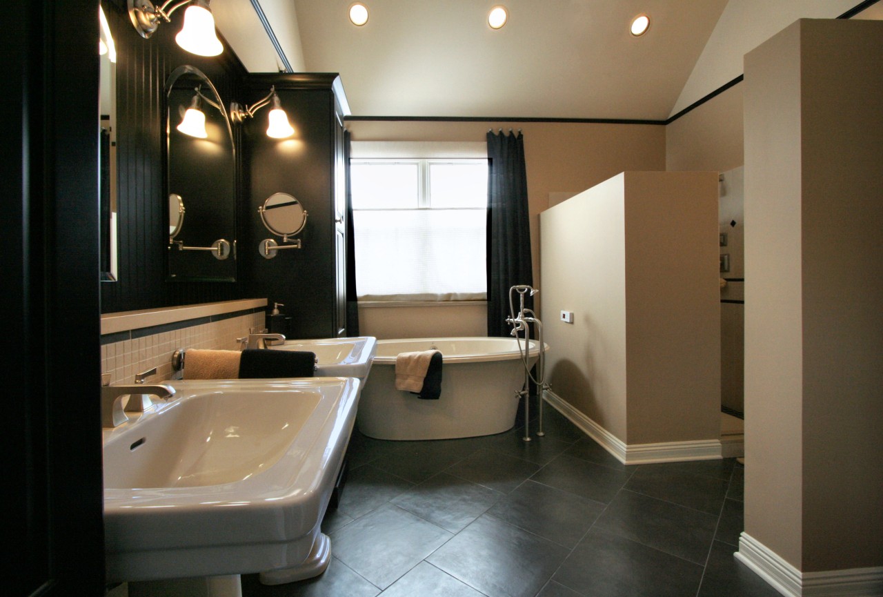 View of bathroom designed by Insignia Kitchen and bathroom, ceiling, floor, interior design, property, room, brown, black