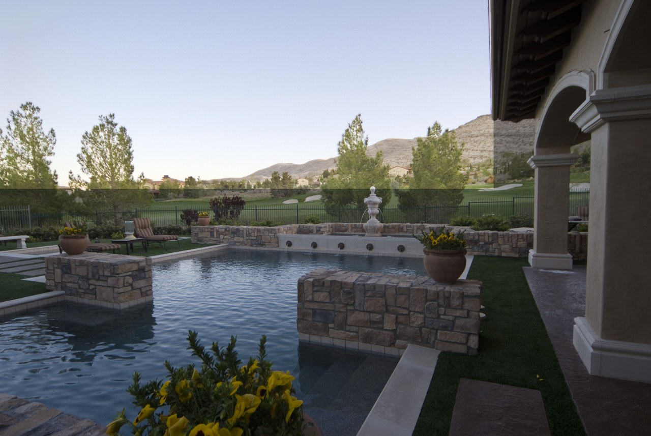 Poolscapes Exterior back yard backyard, estate, home, landscape, landscaping, outdoor structure, patio, property, real estate, reflecting pool, swimming pool, water, water feature, black, white