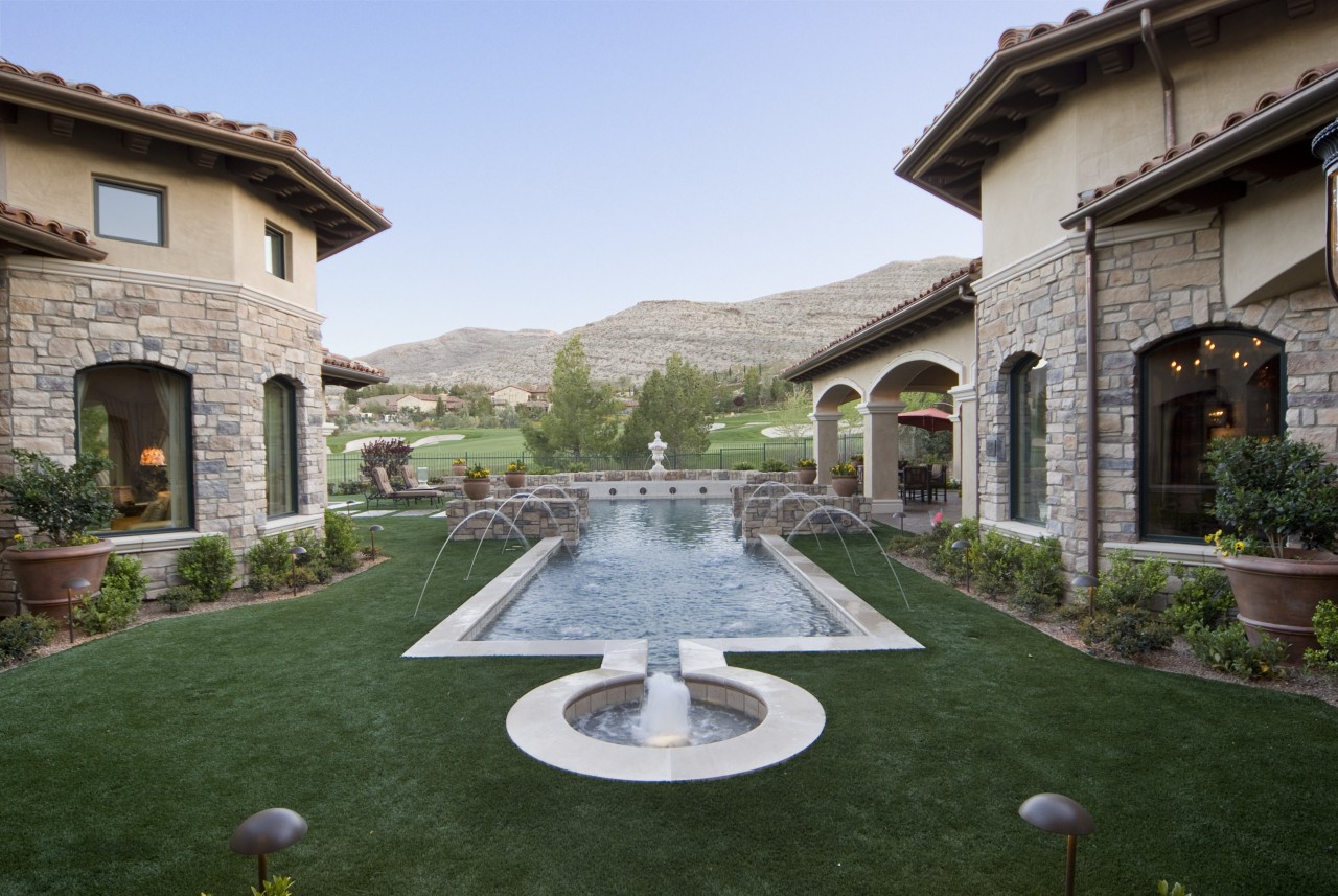 Attanasio Landscape Grass Pool backyard, courtyard, estate, hacienda, home, house, landscaping, mansion, property, real estate, swimming pool, villa, green, gray