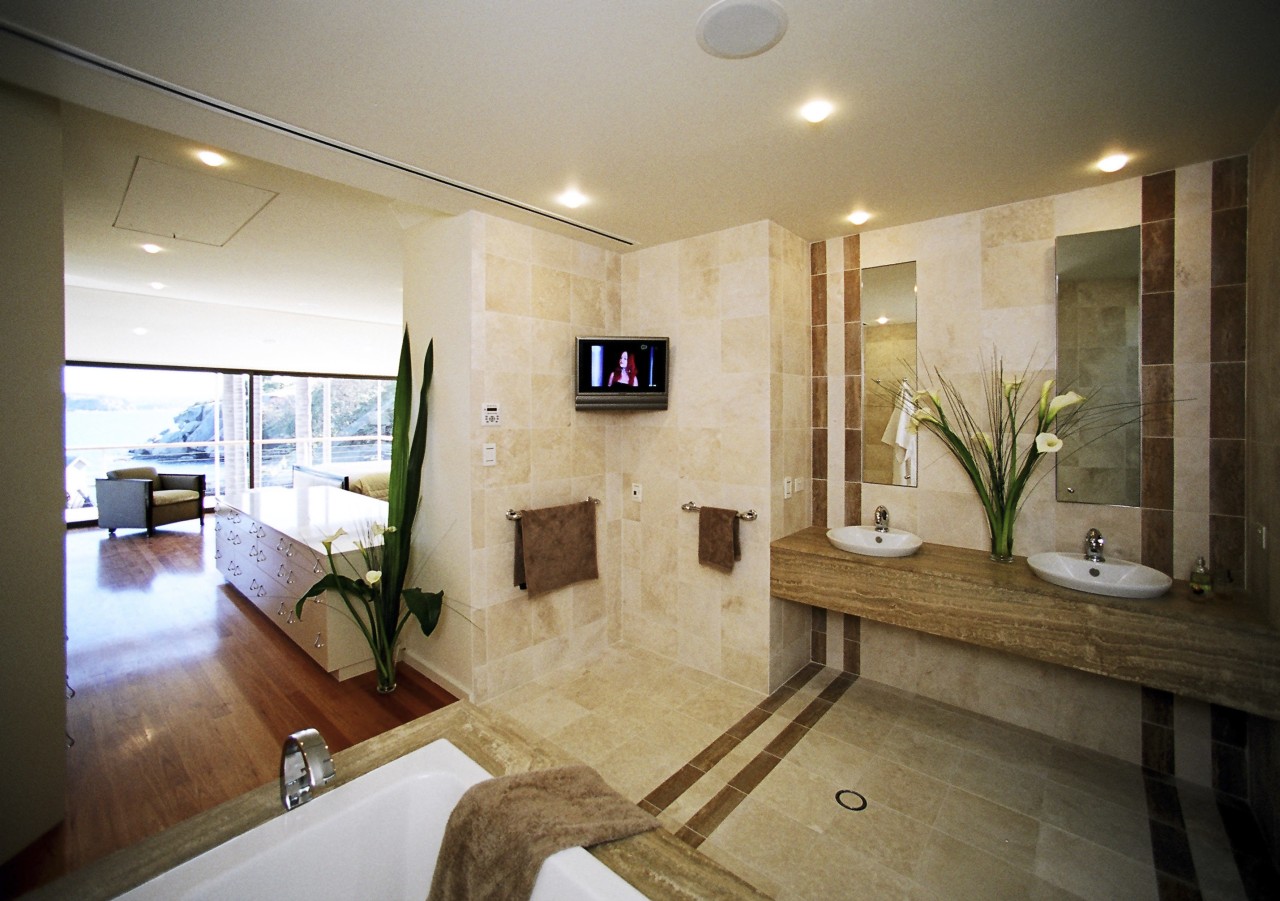 By opening up the bathroom and bedroom, and bathroom, estate, home, interior design, property, real estate, room, brown