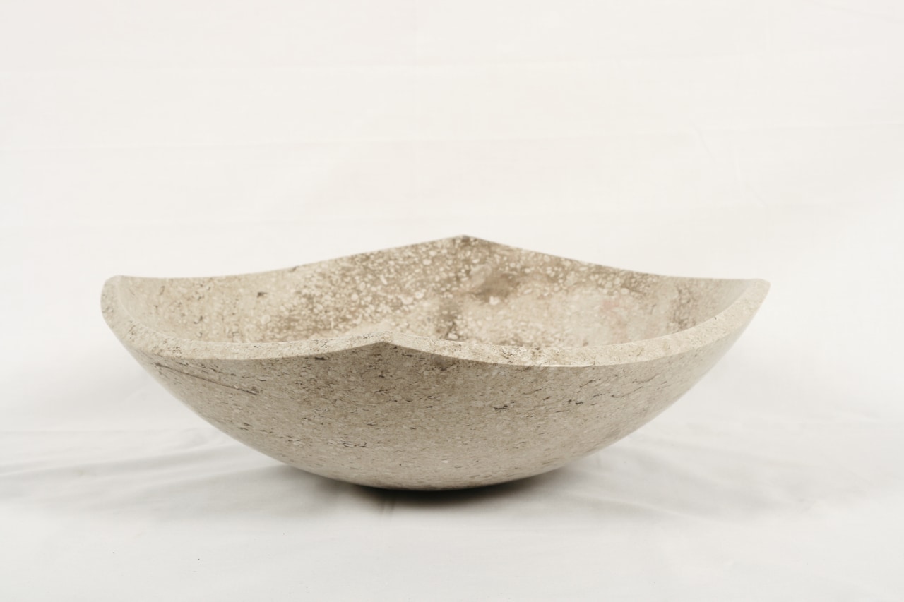 View of custom-designed stone vessel sinks crafted from bowl, ceramic, product design, tableware, white