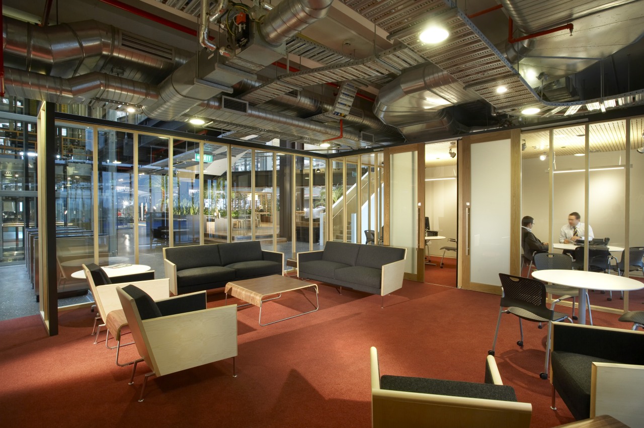 Breakout areas and informal meeting rooms feature throughout interior design, lobby, brown