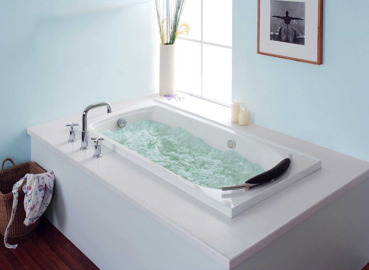 The Kohler Regatta BubleMassage bath features 120 air bathroom, bathroom sink, bathtub, jacuzzi, plumbing fixture, product, room, sink, gray