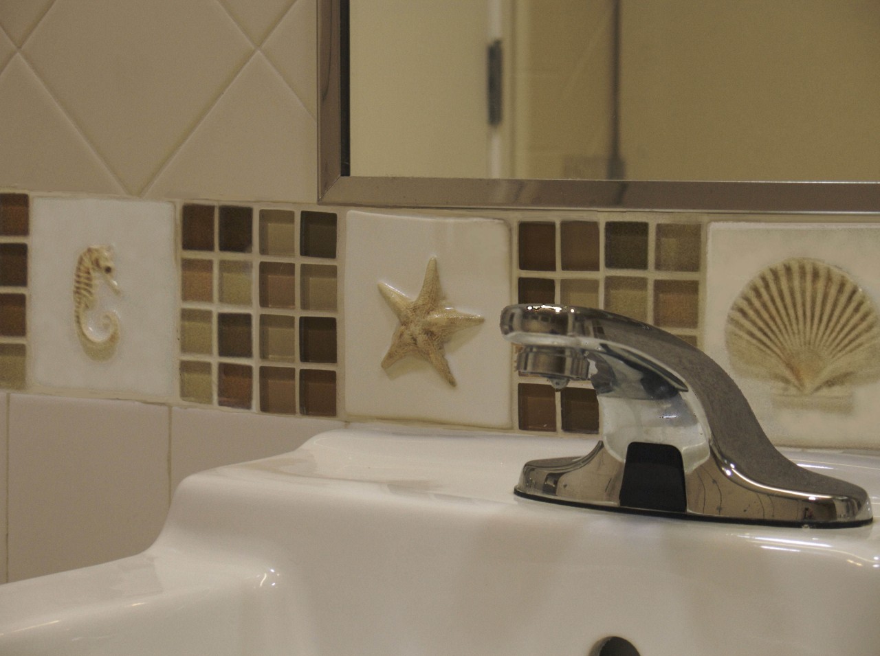 view of custom-glazed handmade seashell tiles by Timeless countertop, floor, flooring, interior design, product design, room, sink, tap, tile, brown, gray