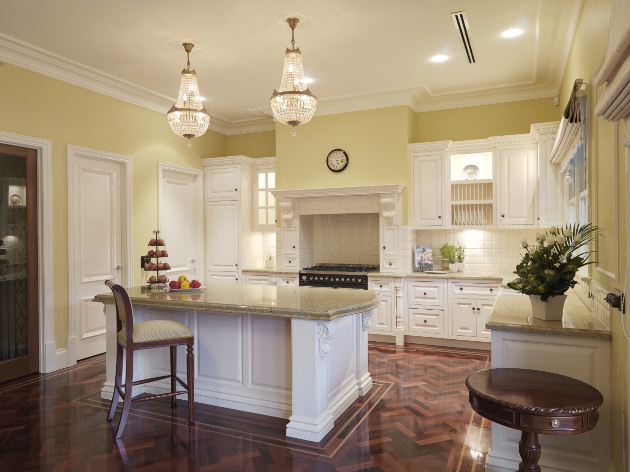 View of traditional styled kitchen in a new cabinetry, ceiling, countertop, cuisine classique, estate, floor, flooring, hardwood, home, interior design, kitchen, living room, real estate, room, wood flooring, orange