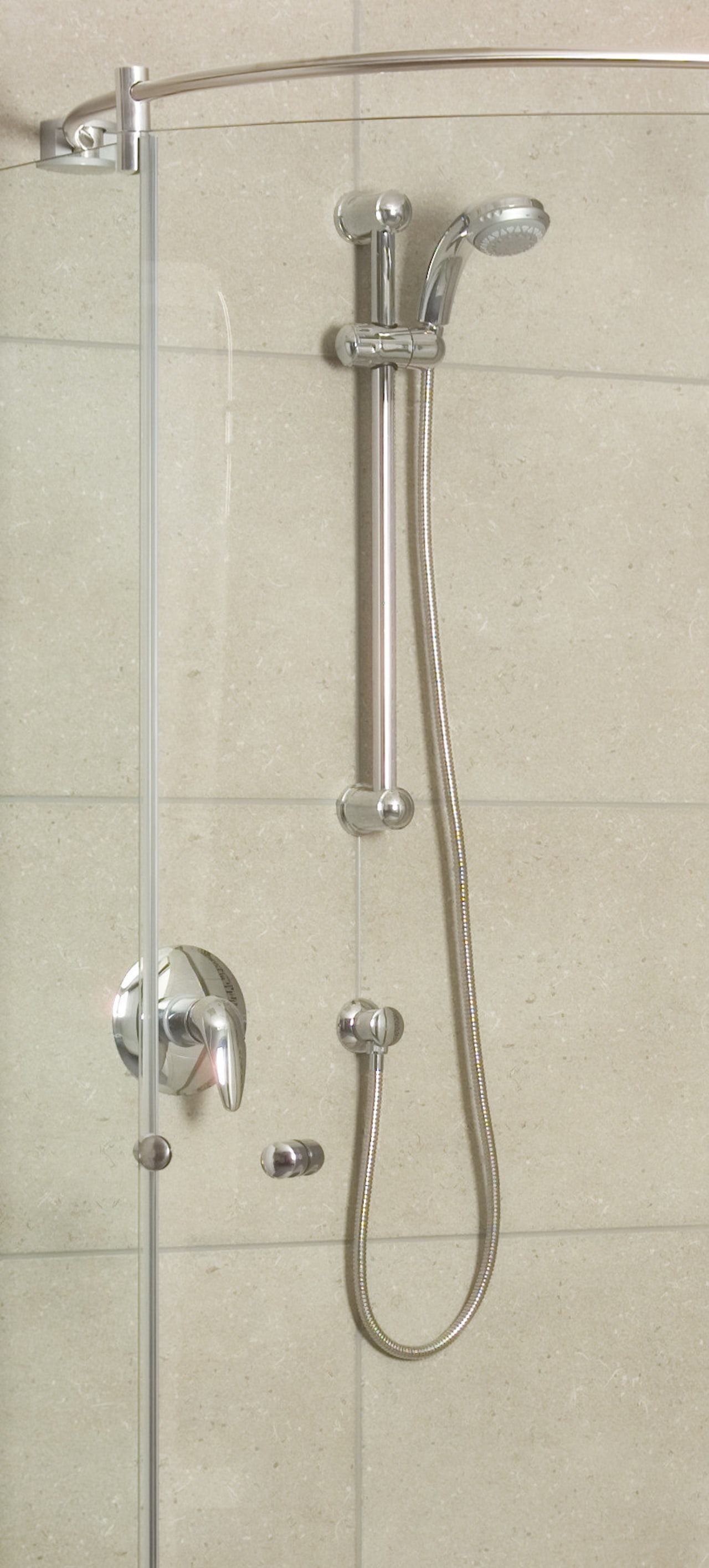 Image of the Englefield Ario curved frameless glass hardware, plumbing, plumbing fixture, product design, shower, tap, gray