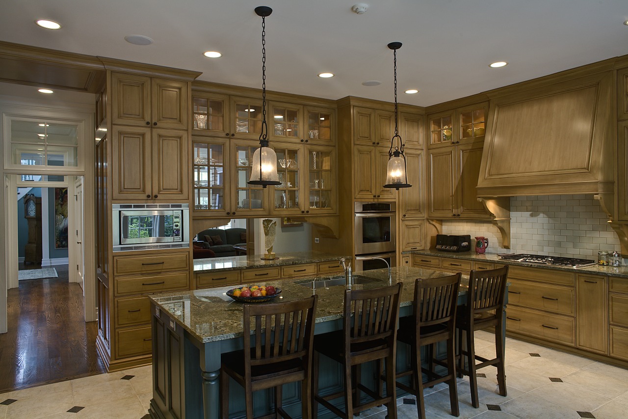 Image of kitchen recessed lighting and 2 hanging cabinetry, countertop, cuisine classique, interior design, kitchen, room, brown, gray