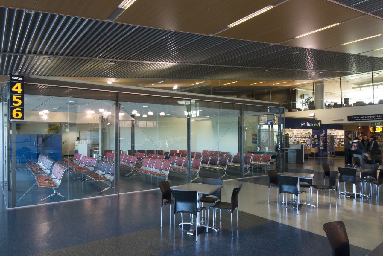 Arrow International Project managed and constructed the new airport terminal, cafeteria, ceiling, food court, interior design, leisure centre, black, gray