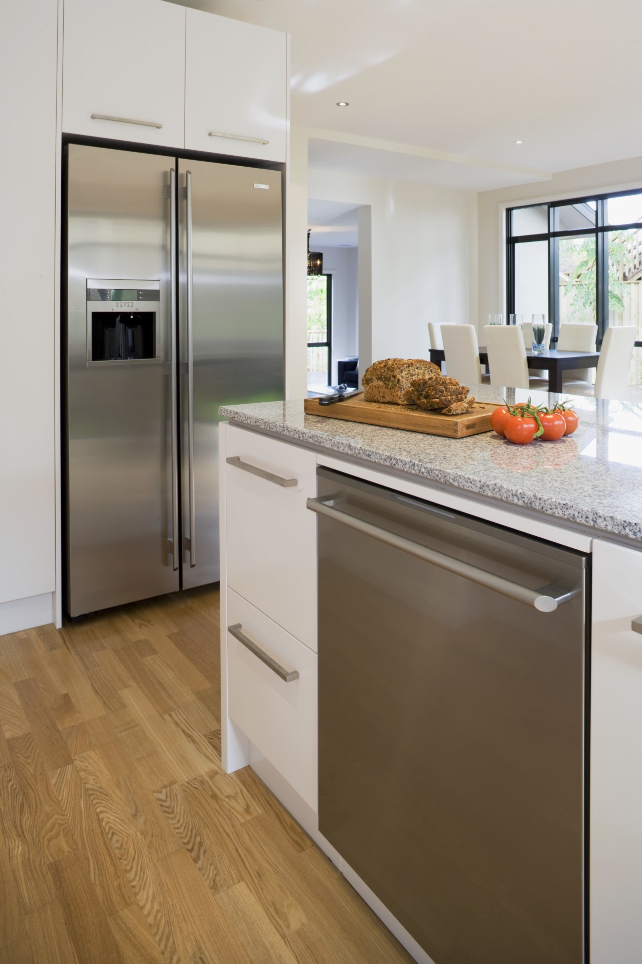 Ice and cool water at a touch from cabinetry, countertop, cuisine classique, floor, home appliance, interior design, kitchen, major appliance, real estate, refrigerator, room, gray, brown