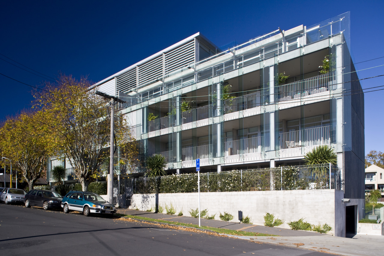 Image of aparments on Auckland's Nuffield St by apartment, architecture, building, commercial building, condominium, corporate headquarters, elevation, facade, headquarters, home, house, metropolitan area, mixed use, neighbourhood, property, real estate, residential area, blue