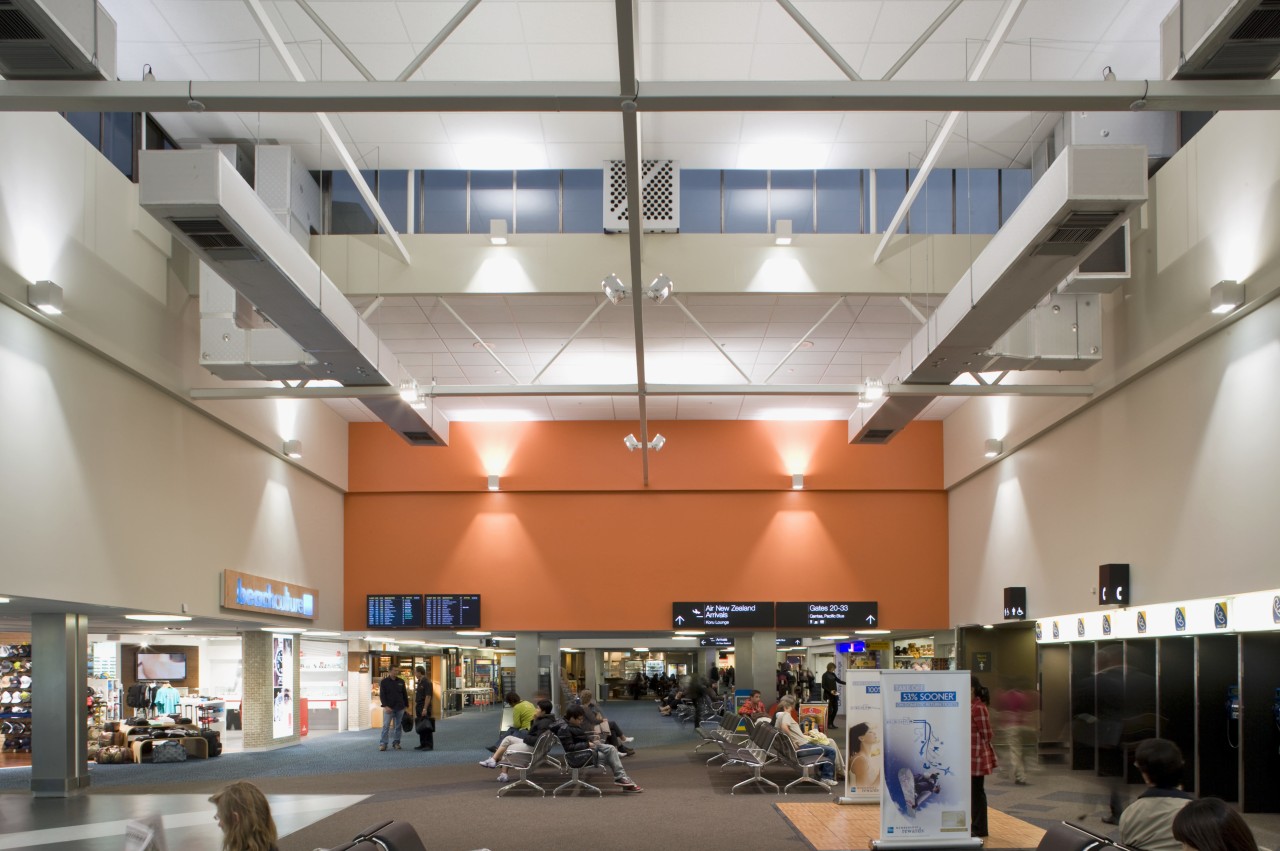 View of the lighting at Auckland Airport's domestic airport terminal, ceiling, daylighting, interior design, retail, shopping mall, gray