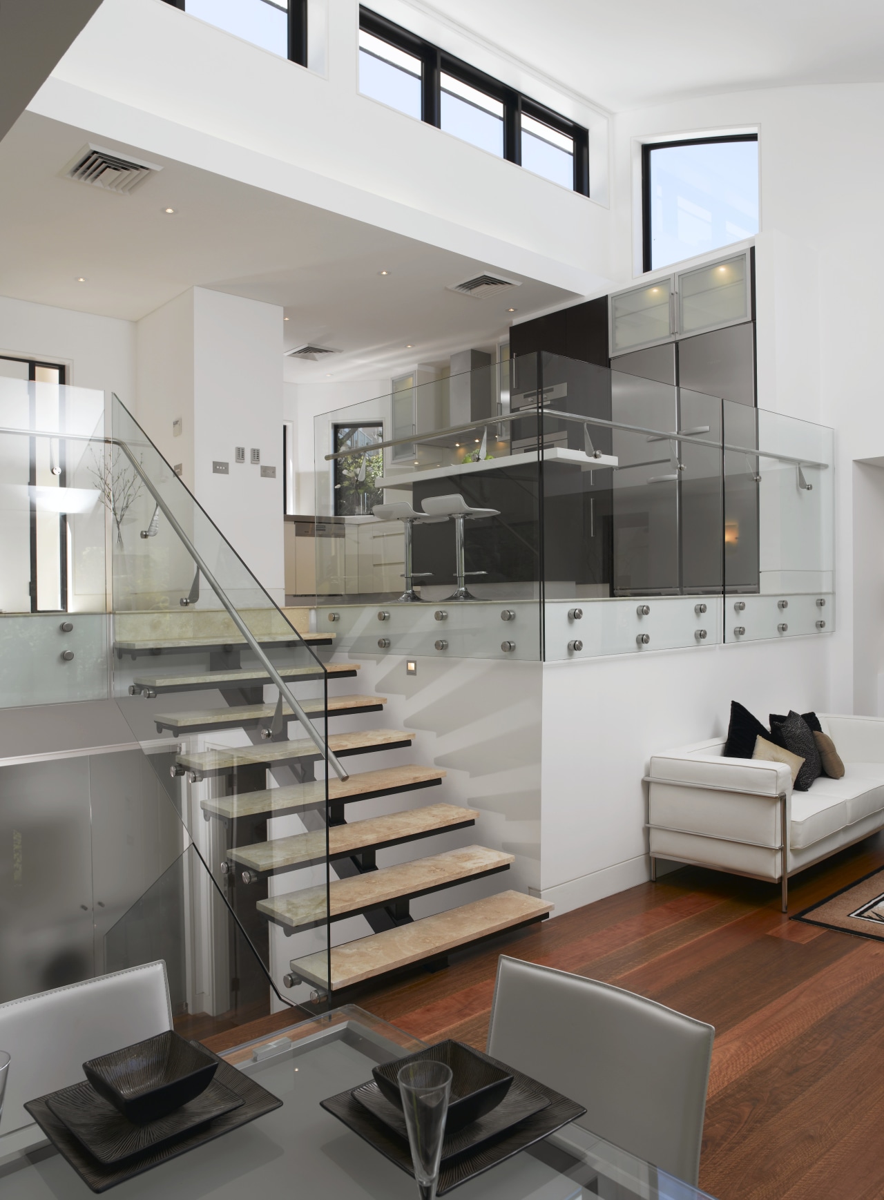 Villas in the new Waterfall Estate in Mosman, countertop, interior design, kitchen, product design, stairs, gray