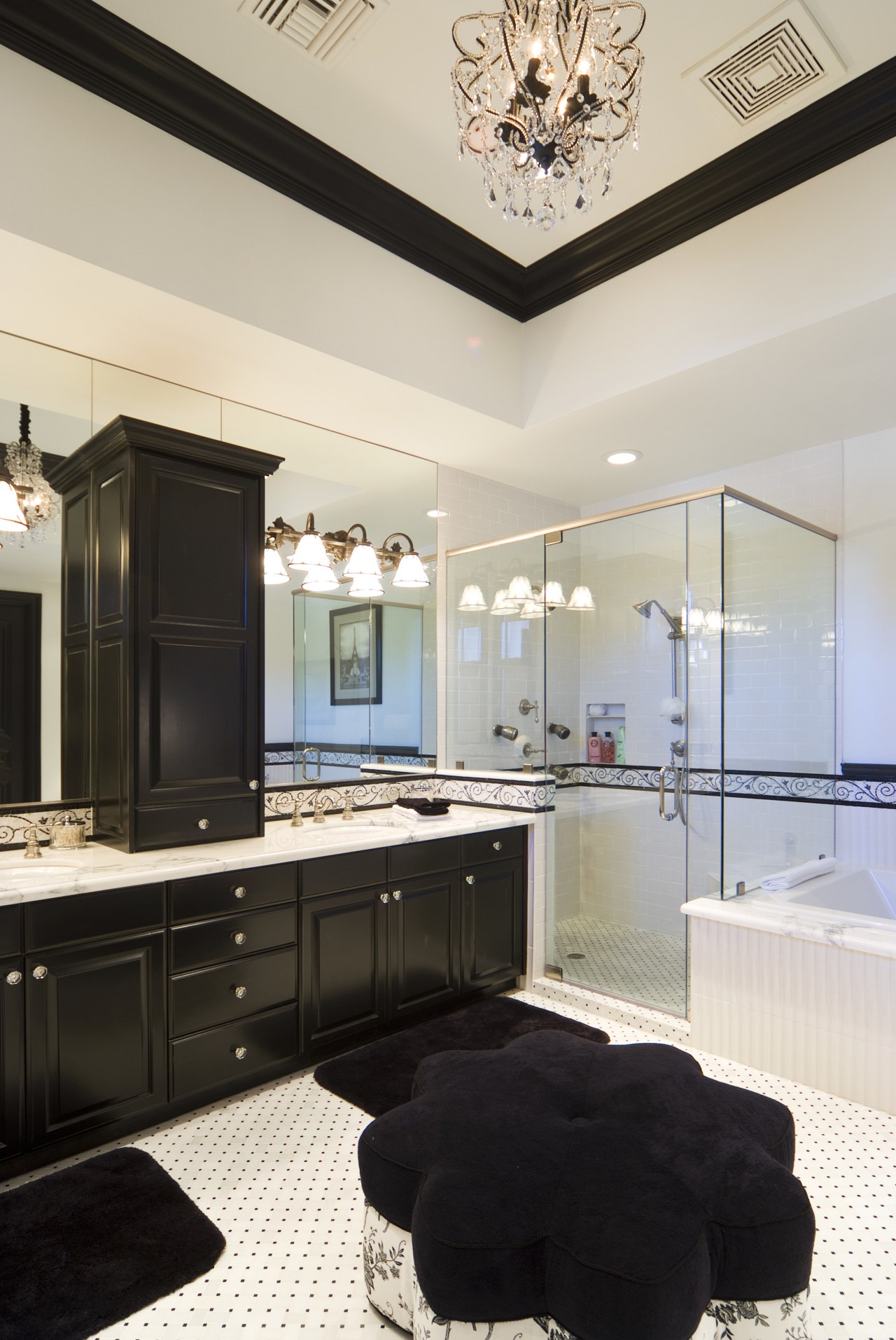 This bathroom features dark-stained wood cabinetry, which enhances bathroom, ceiling, home, interior design, room, white, black