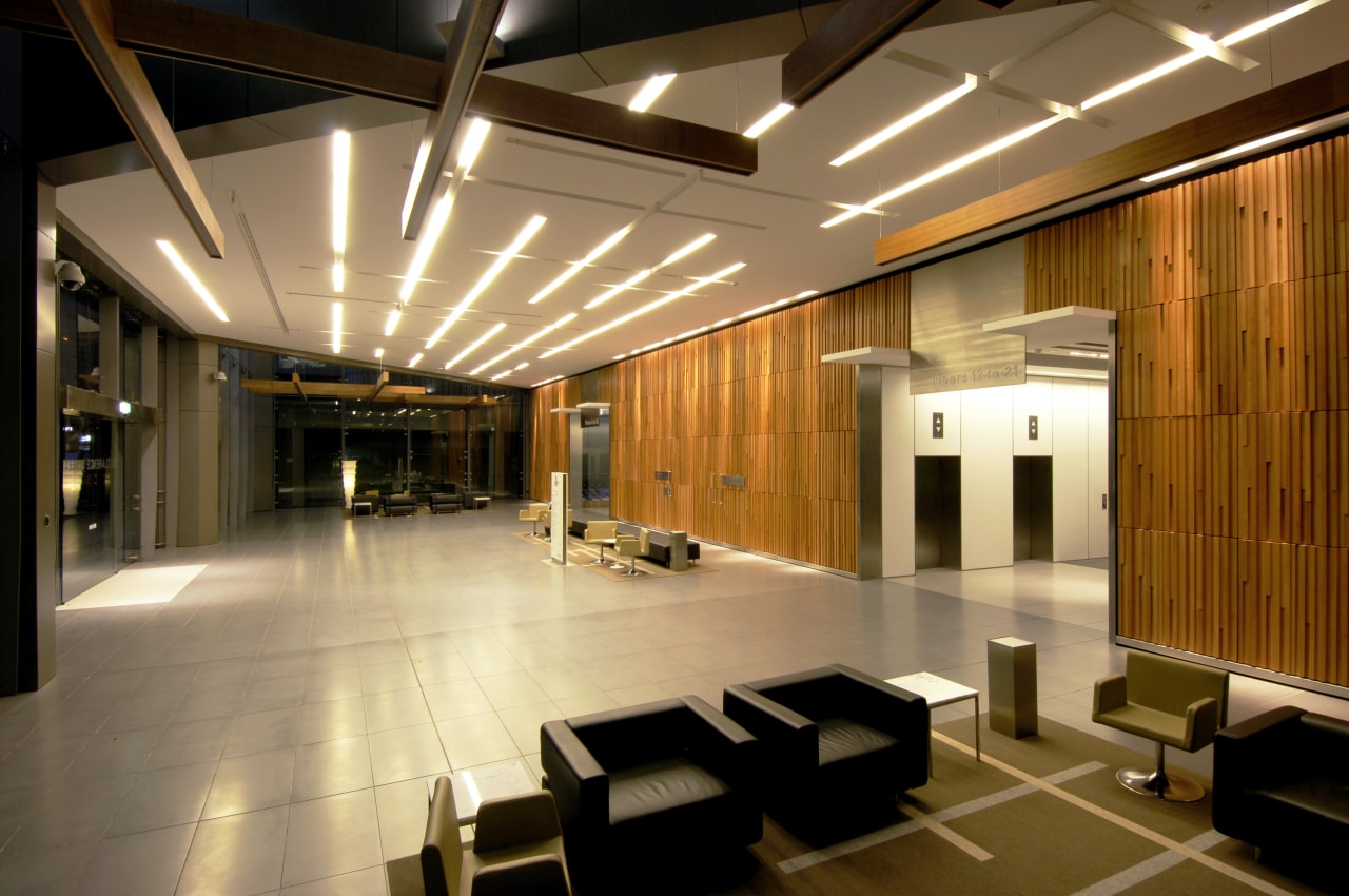 The Sydney office of the Lighting Design Partnership architecture, ceiling, flooring, function hall, interior design, lobby, brown, orange