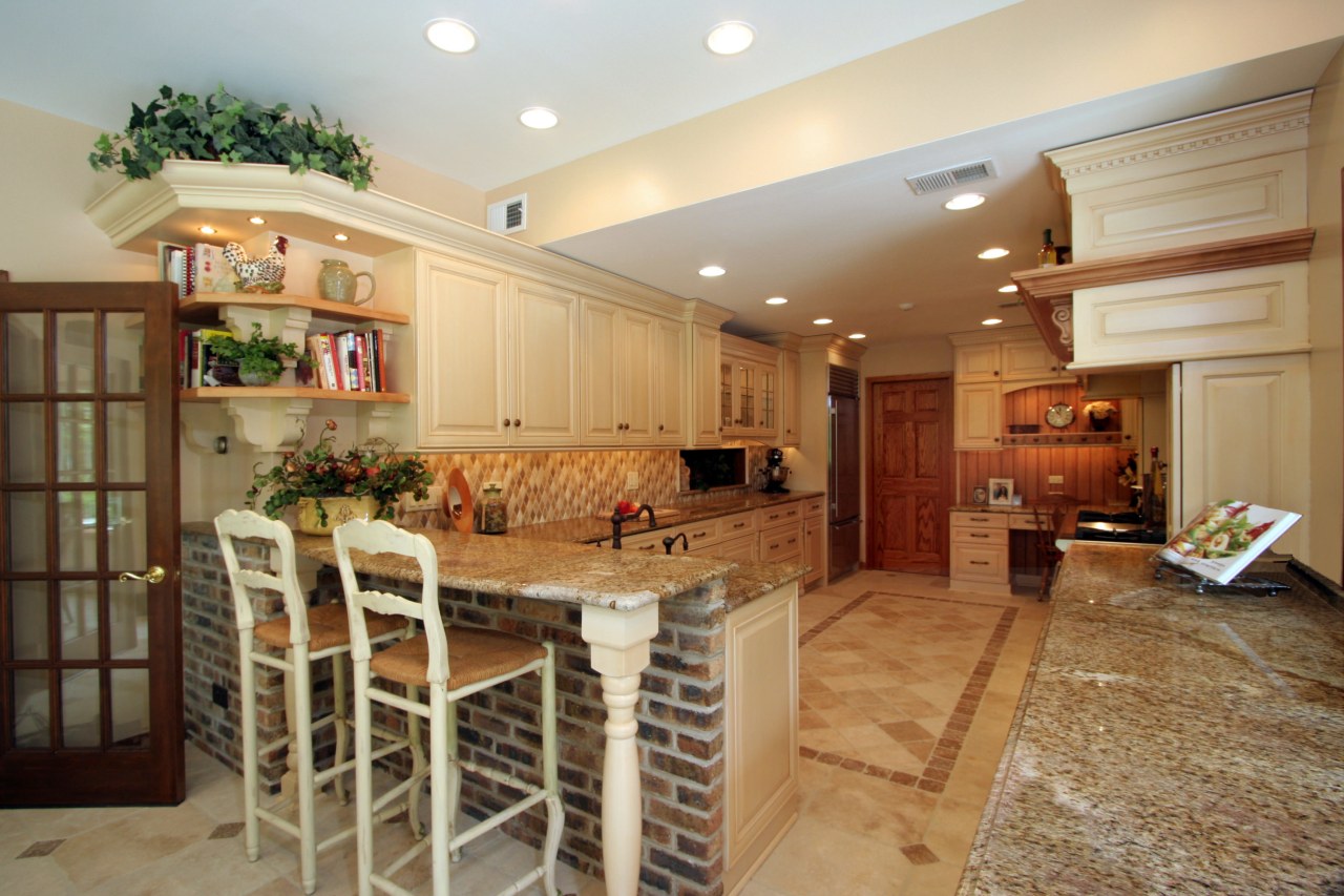 Image of a tuscan-styled kitchen which was designed cabinetry, ceiling, countertop, cuisine classique, estate, flooring, home, interior design, kitchen, real estate, room, orange, brown
