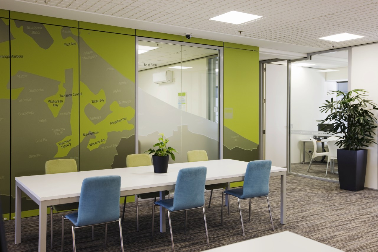 Tauranga's unique coastal enviromental influnced Chow:Hill Architects design ceiling, conference hall, interior design, office, table, waiting room, wall, gray, brown