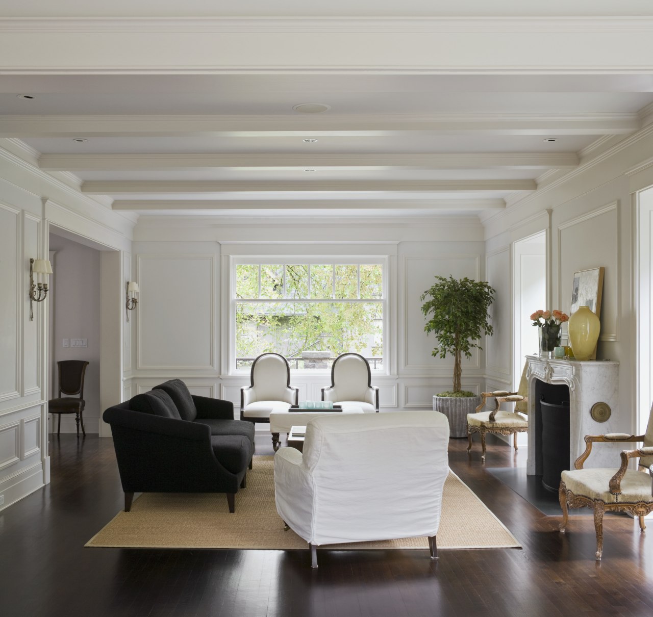 Image of a living area which features living ceiling, floor, flooring, furniture, interior design, living room, room, window, gray