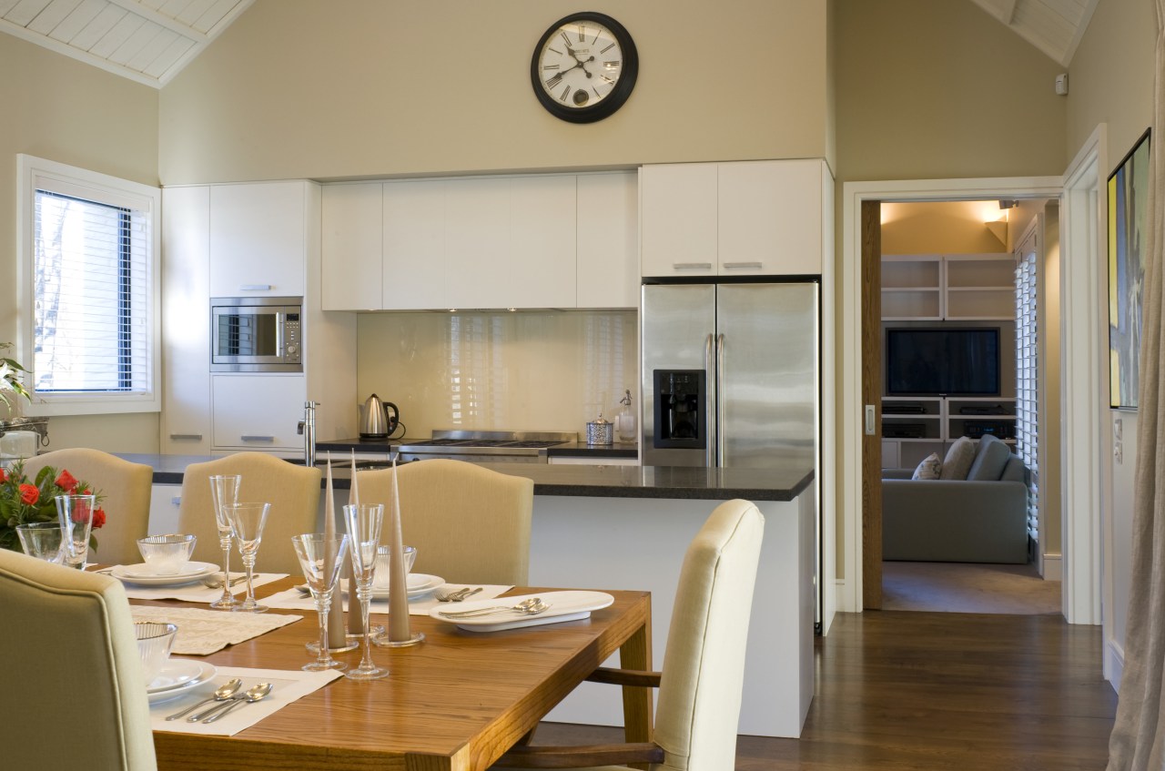 View of the kitchen and dining area which interior design, kitchen, real estate, room, gray, brown