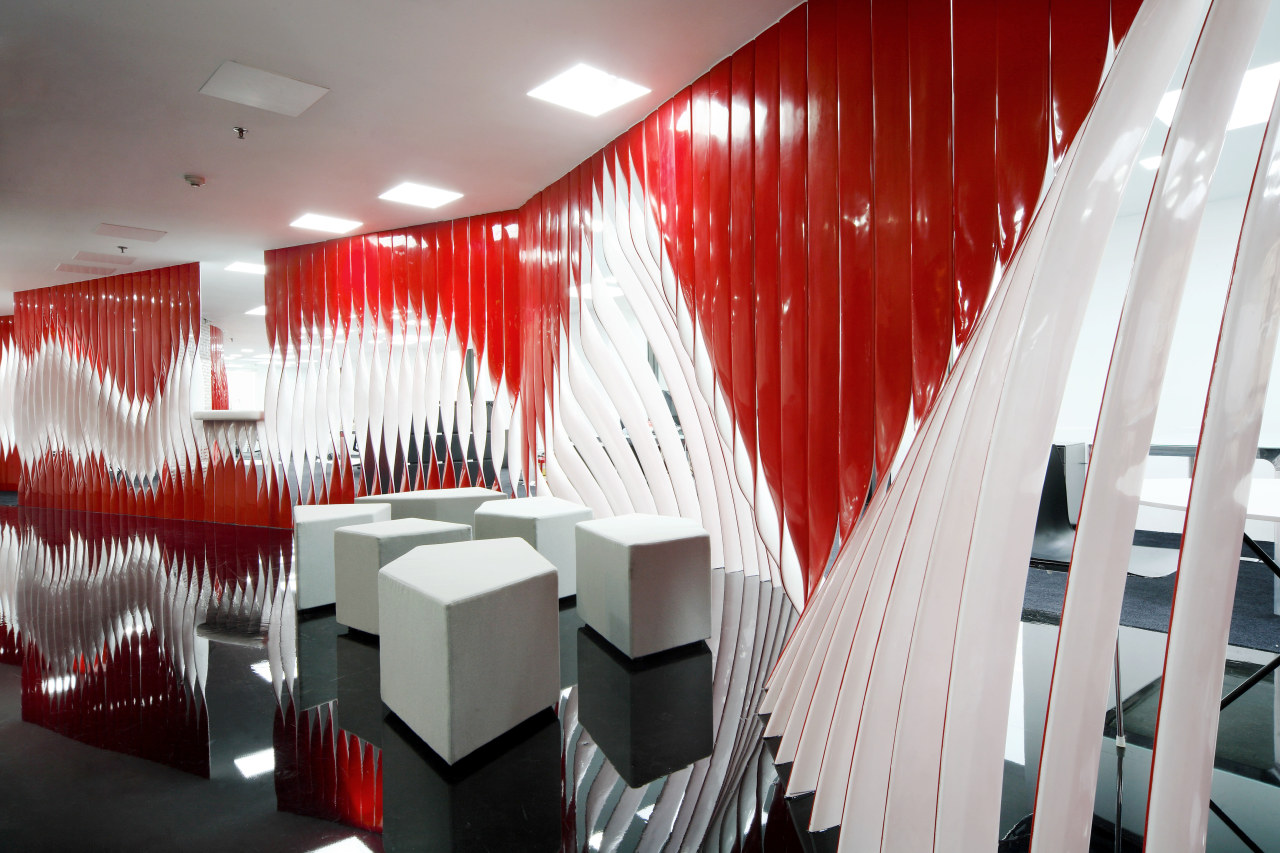 The Swissnex Shanghai office eatures twisted resin strips, architecture, ceiling, design, interior design, product design, gray, red