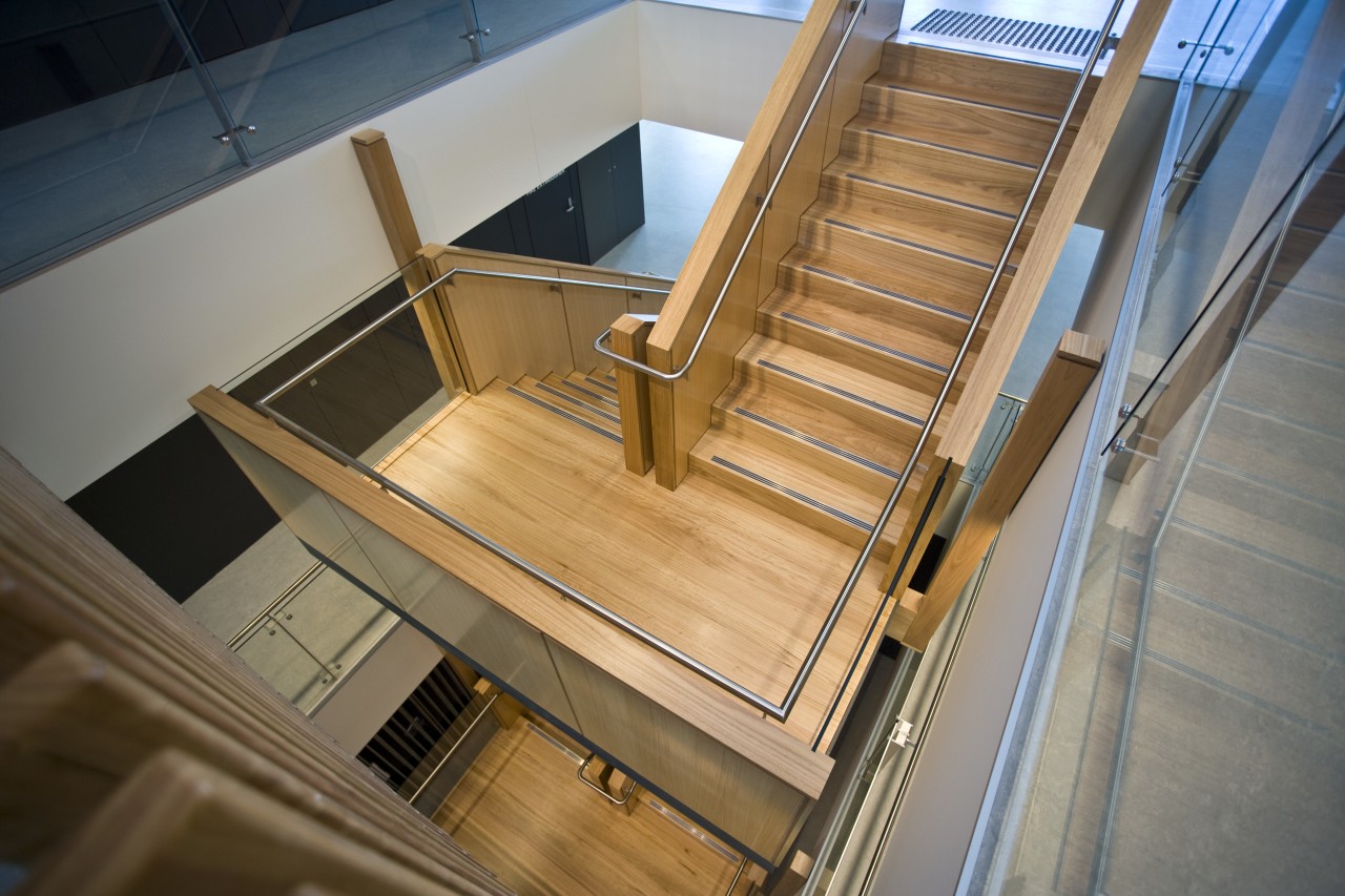 View of a custom designed staircase by Arden architecture, daylighting, deck, floor, stairs, wood, gray, brown