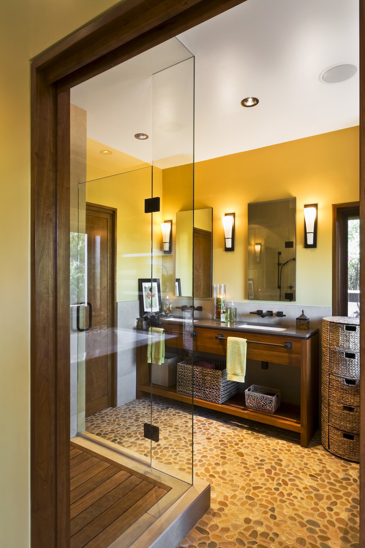 Image of bathroom which features a glass shower bathroom, cabinetry, ceiling, countertop, floor, flooring, home, interior design, kitchen, real estate, room, brown, orange