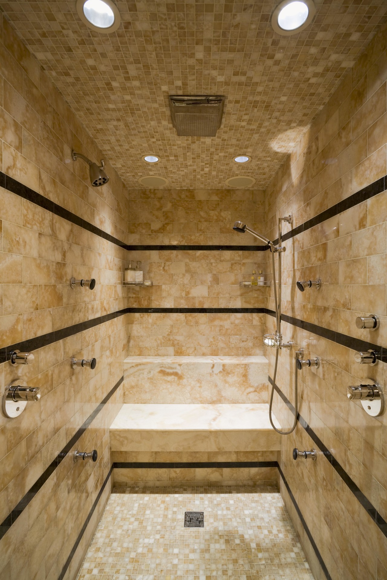 View of the master bathroom which is entered bathroom, ceiling, floor, interior design, room, tile, wall, wood, brown, orange
