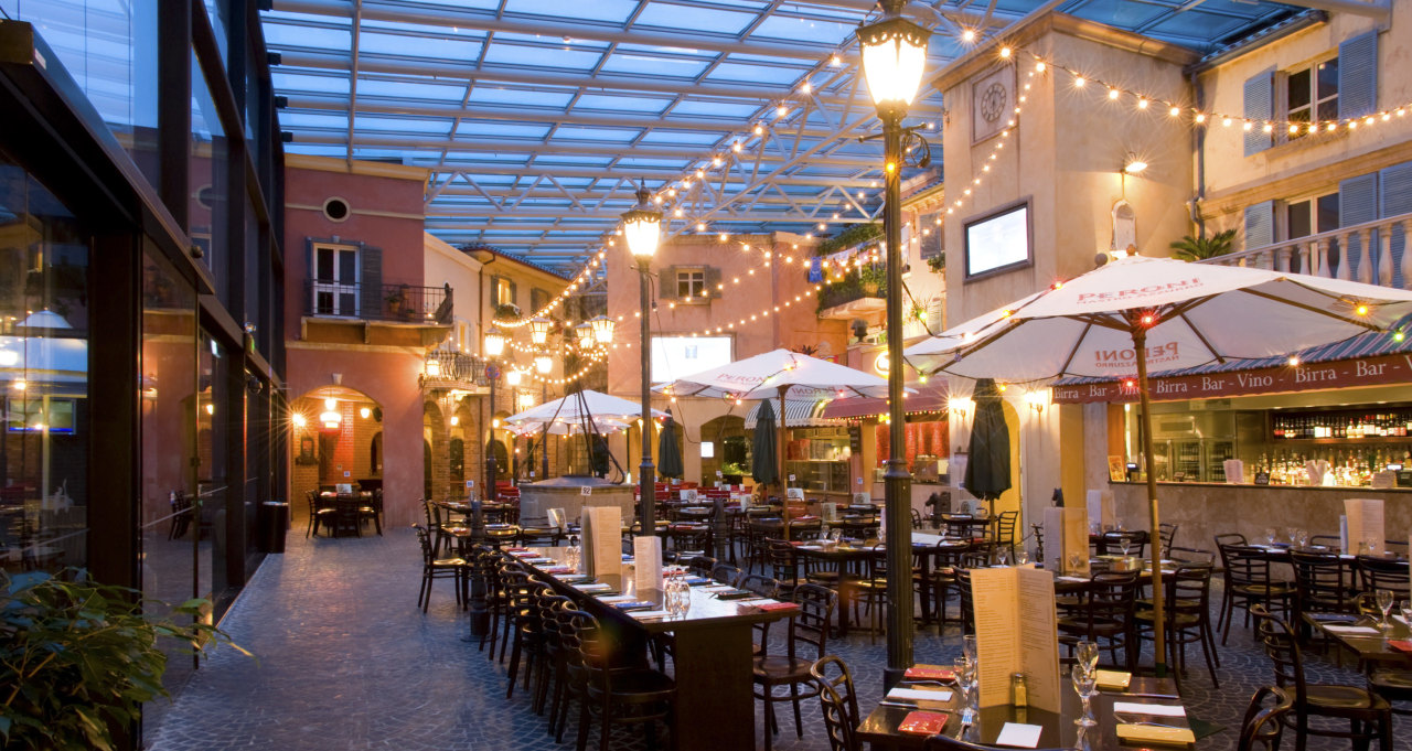 View of a restaurant which was designed and city, downtown, evening, mixed use, restaurant