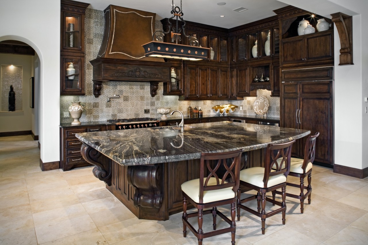 This Kitcehn features slightly distressed teak wood cabinetry cabinetry, countertop, cuisine classique, estate, floor, flooring, interior design, kitchen, room, gray, red