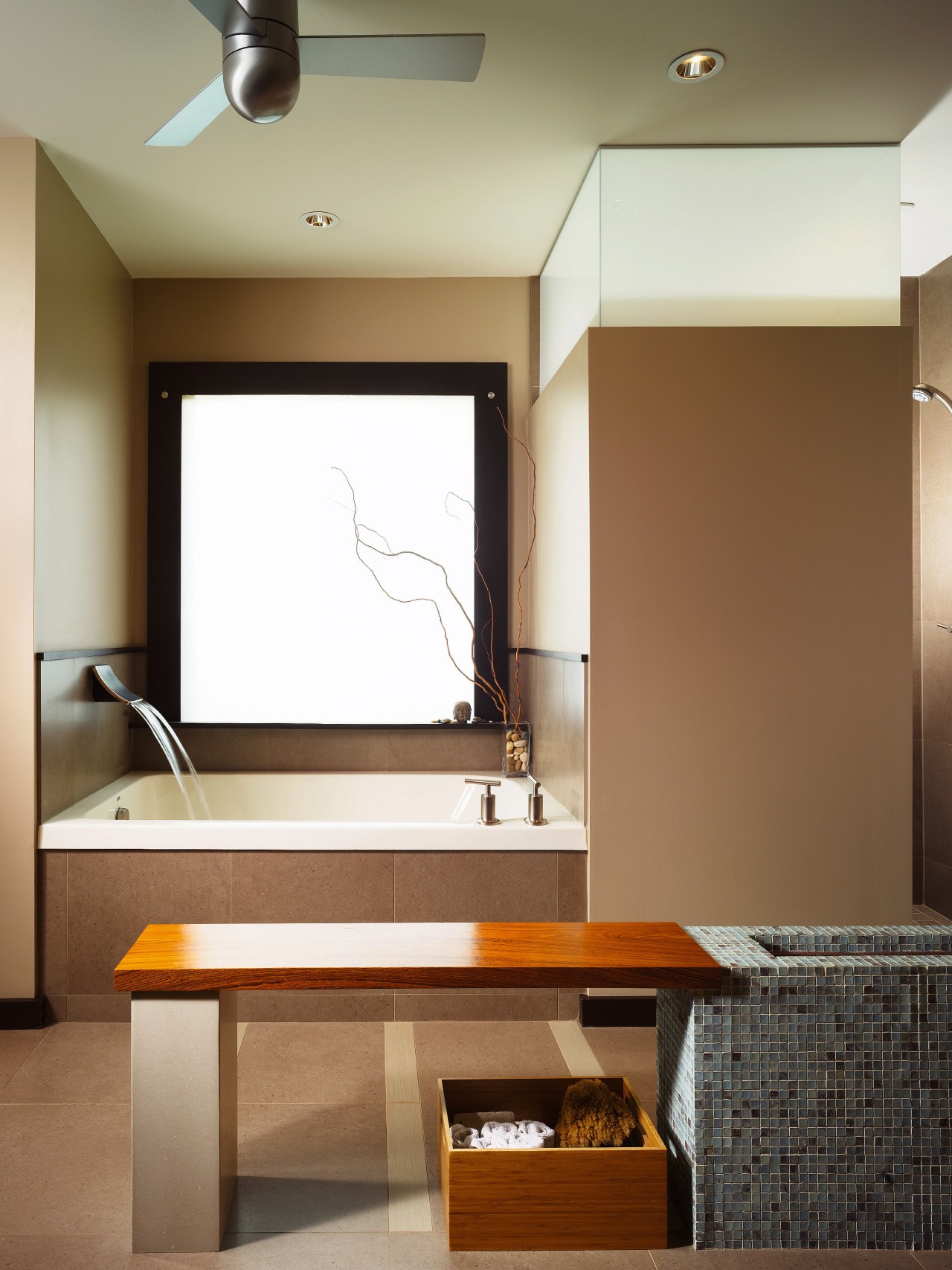 View of the master bathroom featuring mosaic sculptural ceiling, furniture, interior design, room, table, wall, brown, white