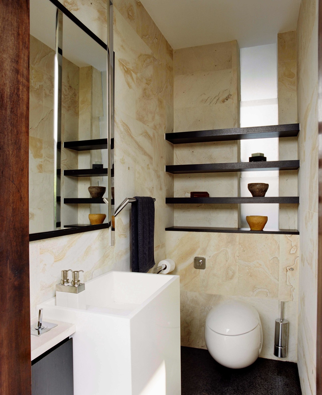 This bathroom was designed to service an outdoor bathroom, interior design, room, sink, gray, brown