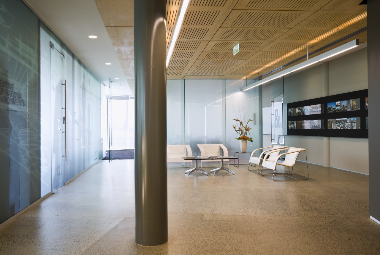 Image of fit-out in Stephenson & Turner architecture, ceiling, floor, flooring, interior design, lobby, loft, real estate, gray, brown