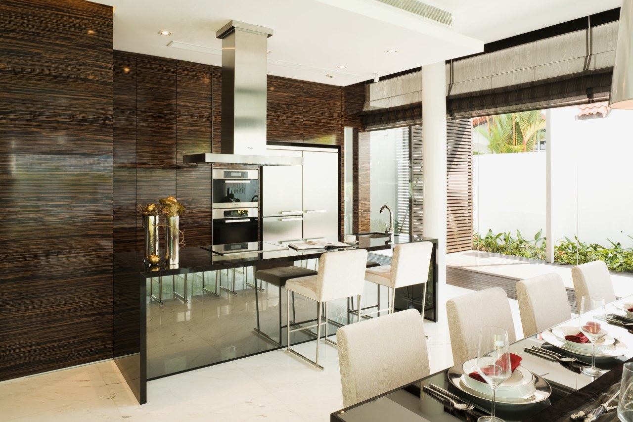 Image with view of kitchen which has used interior design, white, brown