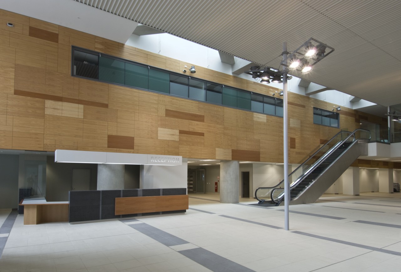 View of the Wellington Hospital foyer which features architecture, interior design, lobby, gray, brown