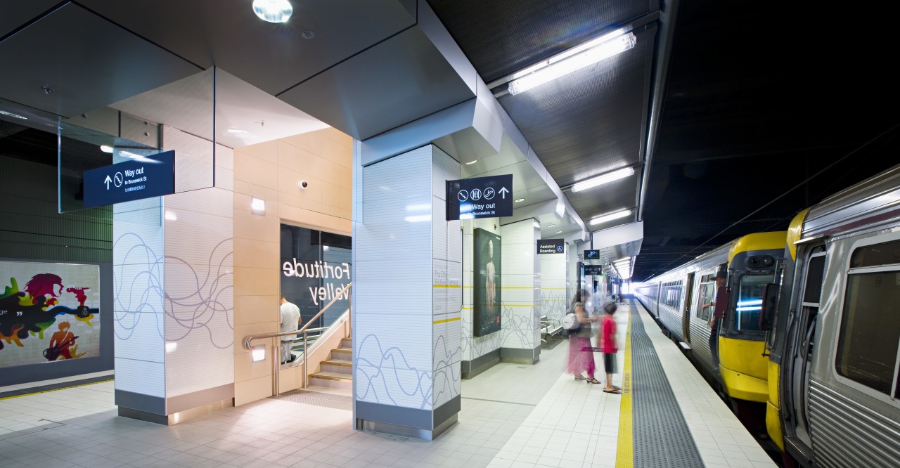 View of the Fortitude Valley train station where metro station, public transport, rapid transit, transport, black, white