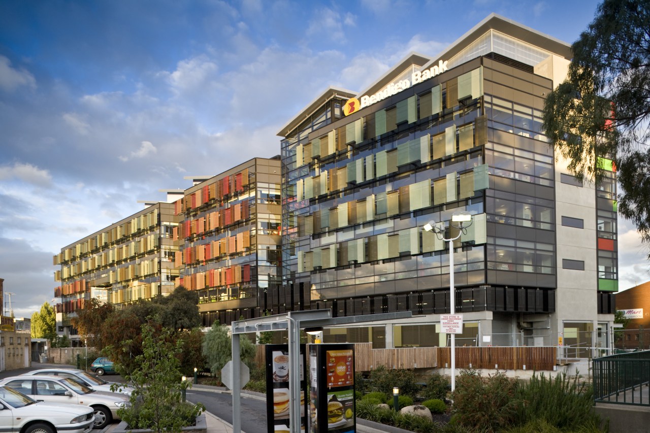 Exterior view of the Bendigo Bank sustainable building apartment, architecture, building, city, commercial building, condominium, facade, home, house, metropolis, metropolitan area, mixed use, neighbourhood, property, real estate, residential area, suburb, gray