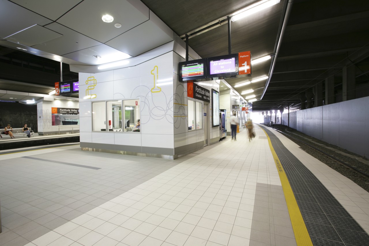 Image of the refurbishment of the Fortitude Valley metro station, metropolitan area, public transport, rapid transit, subway, train station, transport, white, gray, black