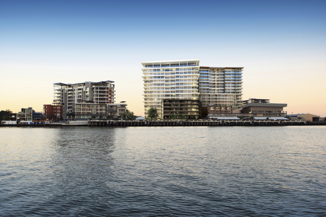 Exterior View of Brisbane's Portside Wharf development which architecture, building, city, cityscape, condominium, daytime, evening, horizon, marina, metropolis, real estate, reflection, residential area, river, sea, sky, skyline, skyscraper, tower block, urban area, water, waterway, white