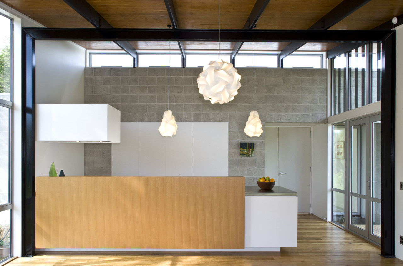 View of a kitchen which features a hood architecture, ceiling, house, interior design, loft, gray, white