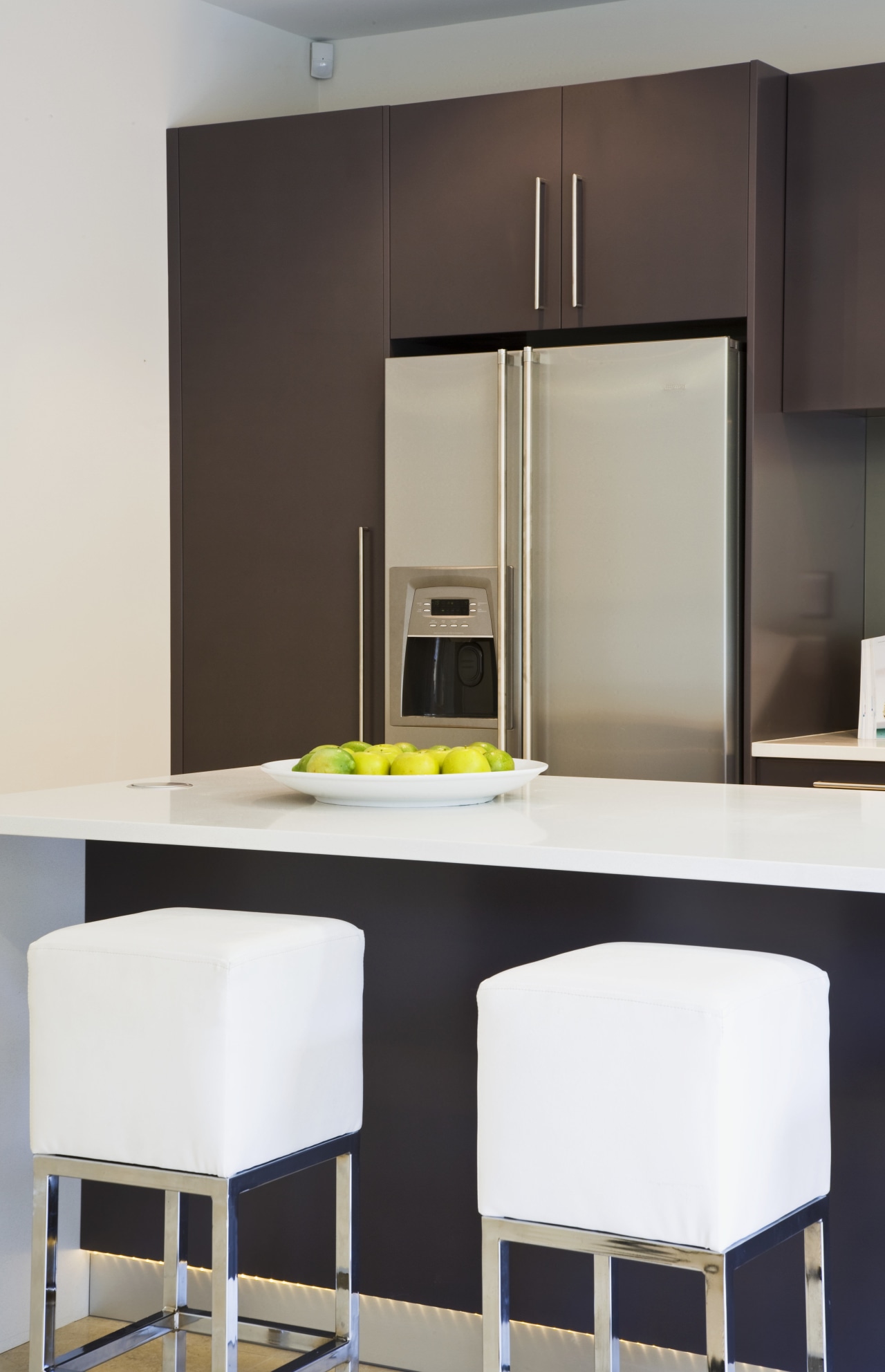 View of Smeg ovens. chair, furniture, interior design, light fixture, product design, table, gray, black
