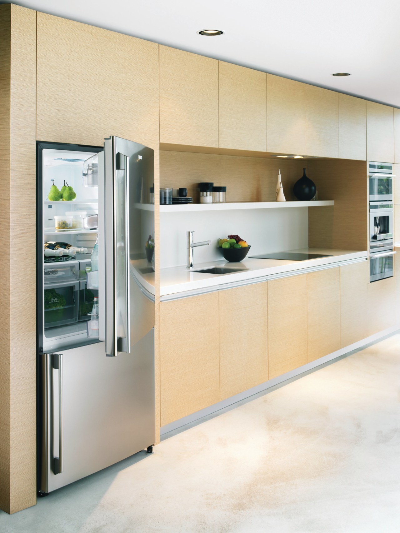 These Electrolux E:Line refridgerators are sleek, spacious and cabinetry, countertop, interior design, kitchen, white
