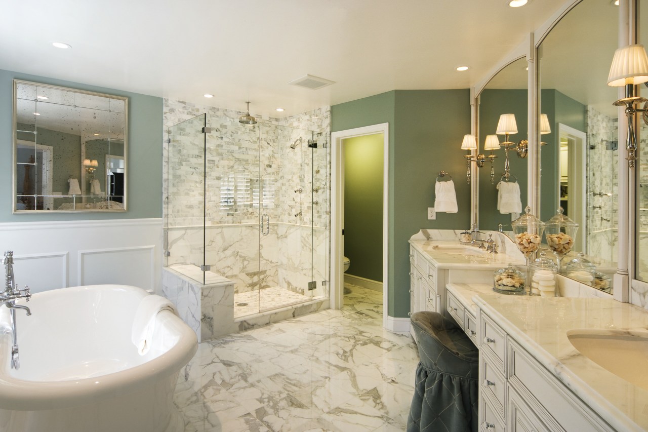 View of upscale, luxurious bathroom which features a bathroom, estate, home, interior design, real estate, room, gray