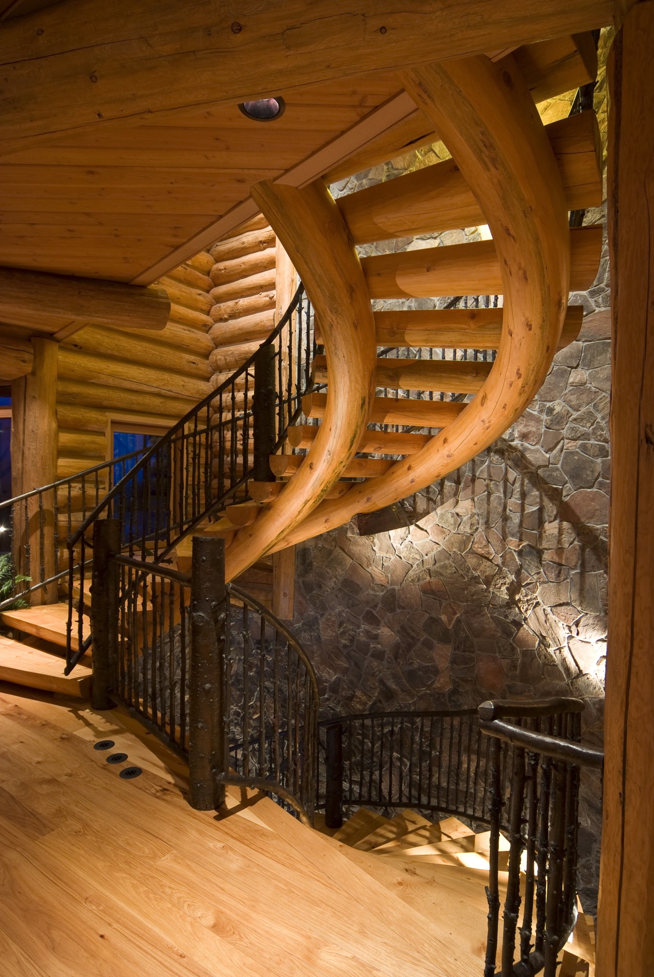 Images of a stairway featuring railing which has architecture, baluster, beam, handrail, home, interior design, lighting, log cabin, stairs, wood, brown