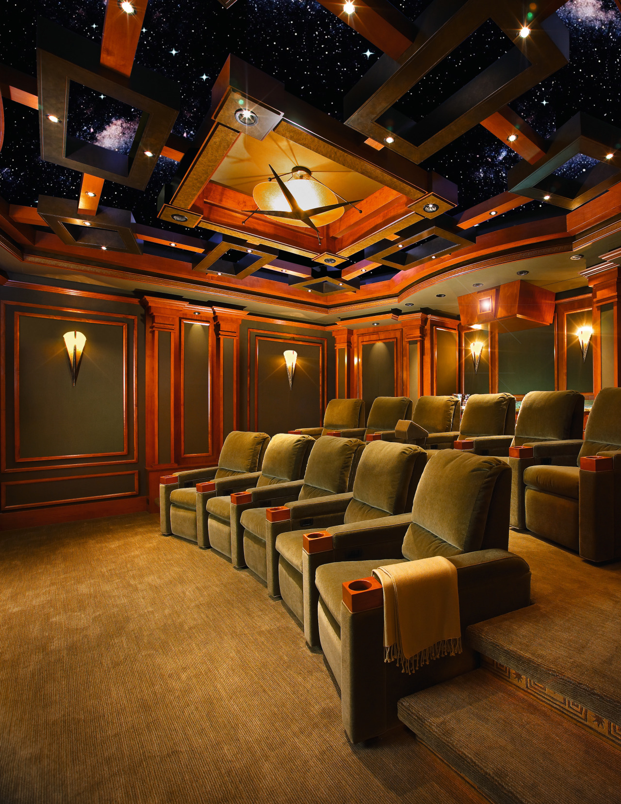 Image of this home theatre which seats 12 auditorium, ceiling, entertainment, function hall, interior design, lighting, theatre, brown