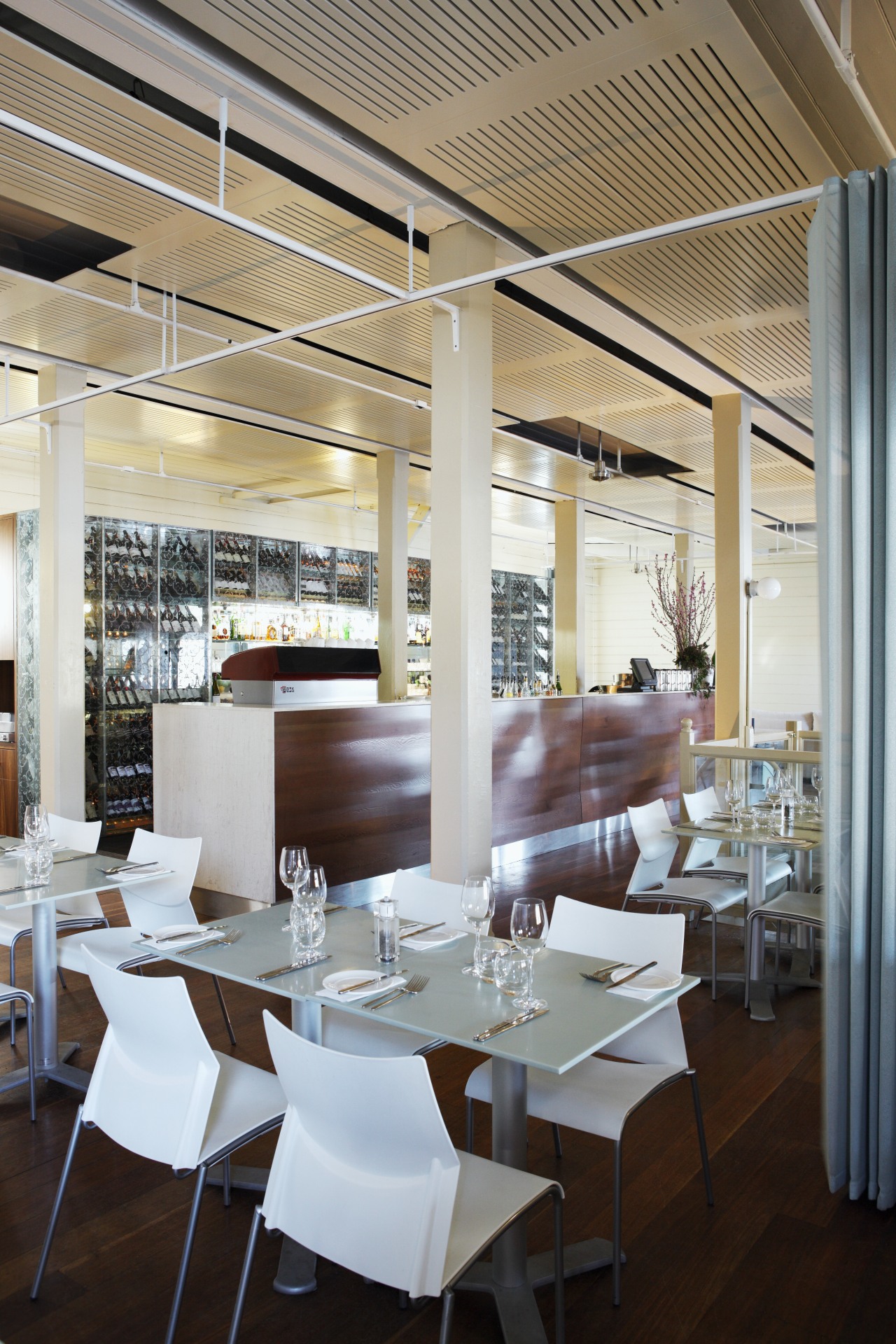 View of a Sydney restaurant which features a architecture, café, ceiling, chair, dining room, furniture, interior design, restaurant, table, gray