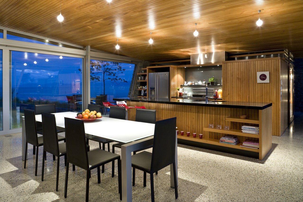 View of the open-plan kitchen and dining area architecture, interior design, real estate, table, brown