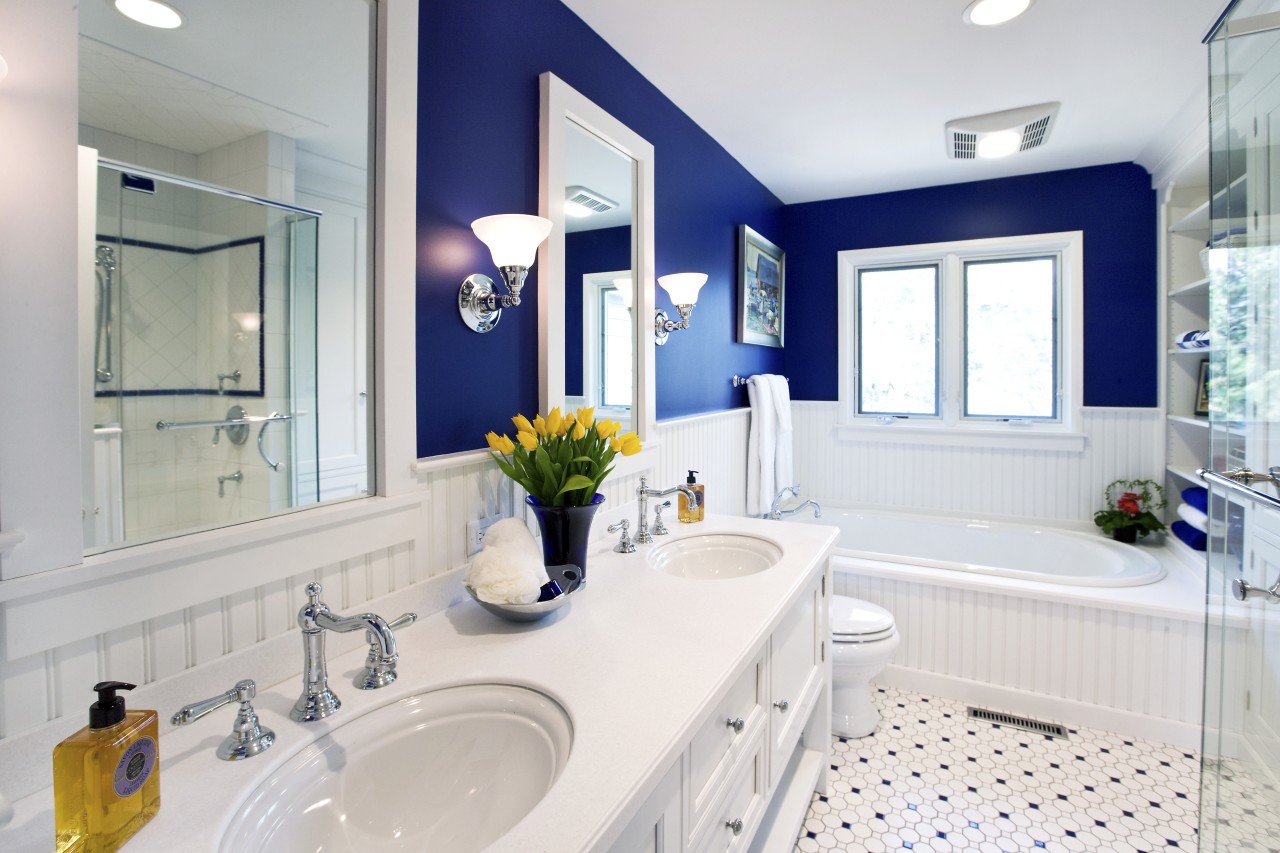 Image of bathroom featuring crisp white cabinets cantrasted bathroom, blue, estate, home, interior design, real estate, room, window, white, gray, blue, teal, orange