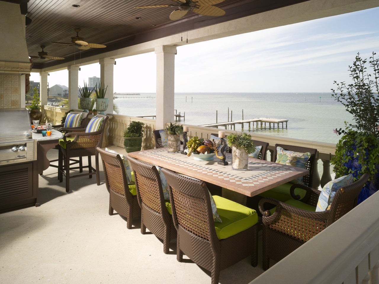 View of an outdoor kitchen at a seaside interior design, outdoor structure, patio, property, real estate, resort, roof, table, white, brown